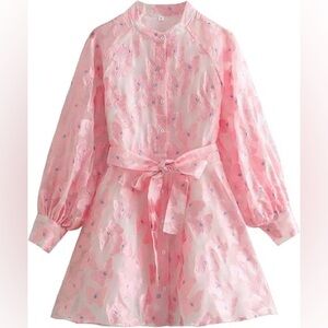 SundayUp Pink Embroidered Puff Sleeve Dress Medium Belted Button Front Cute